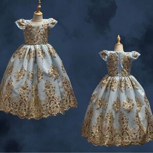 Elegant Blue and Gold Embroidered Dress